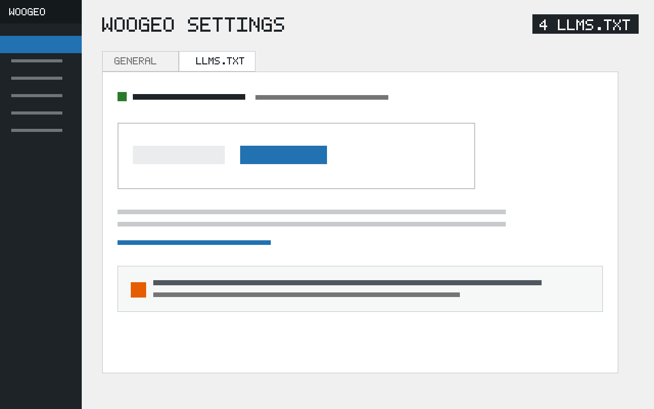 WooGEO llms.txt manager tab showing active status and upload area