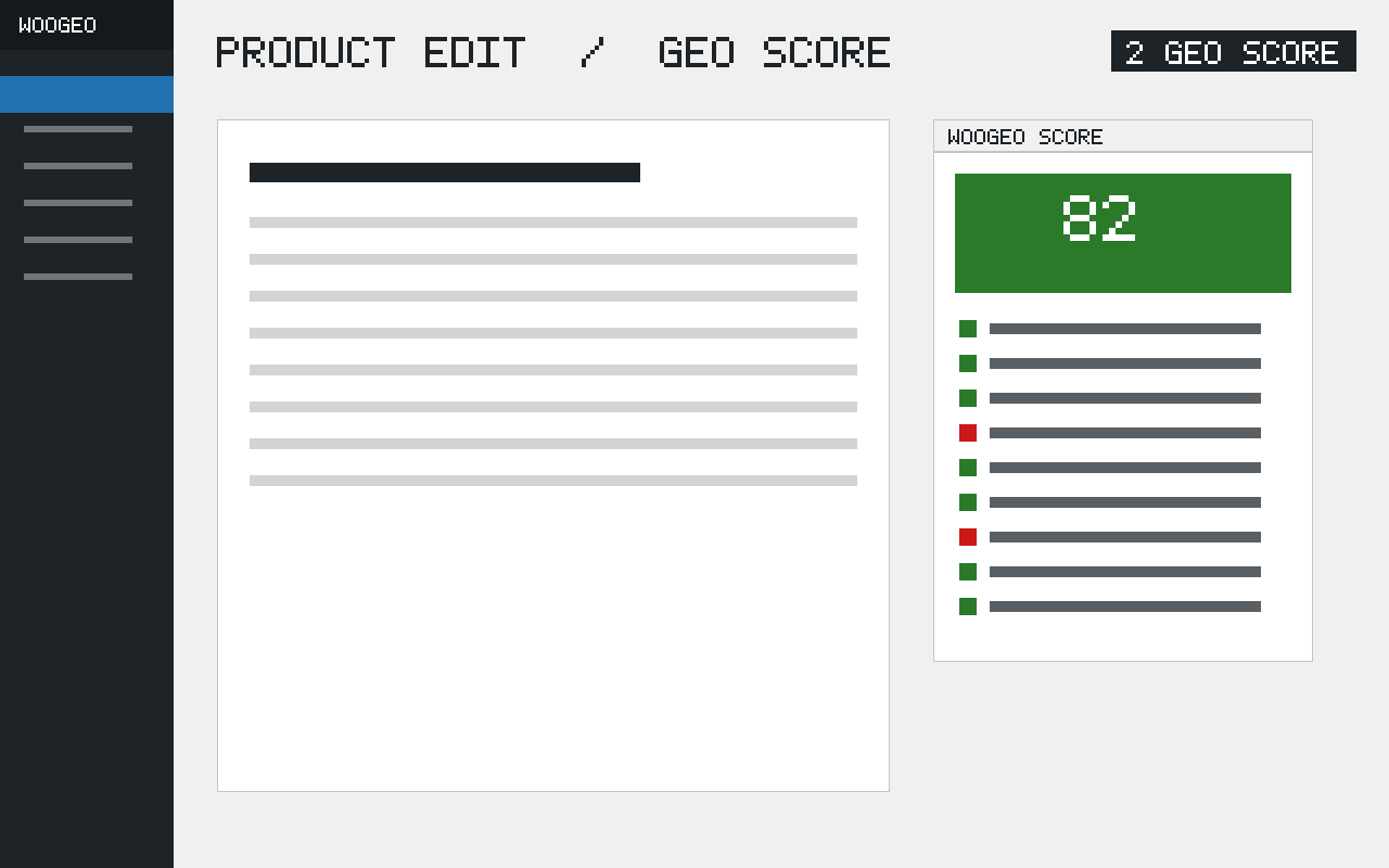 WooGEO Score metabox on the product edit screen with a green AI-ready badge and pass/fail checklist